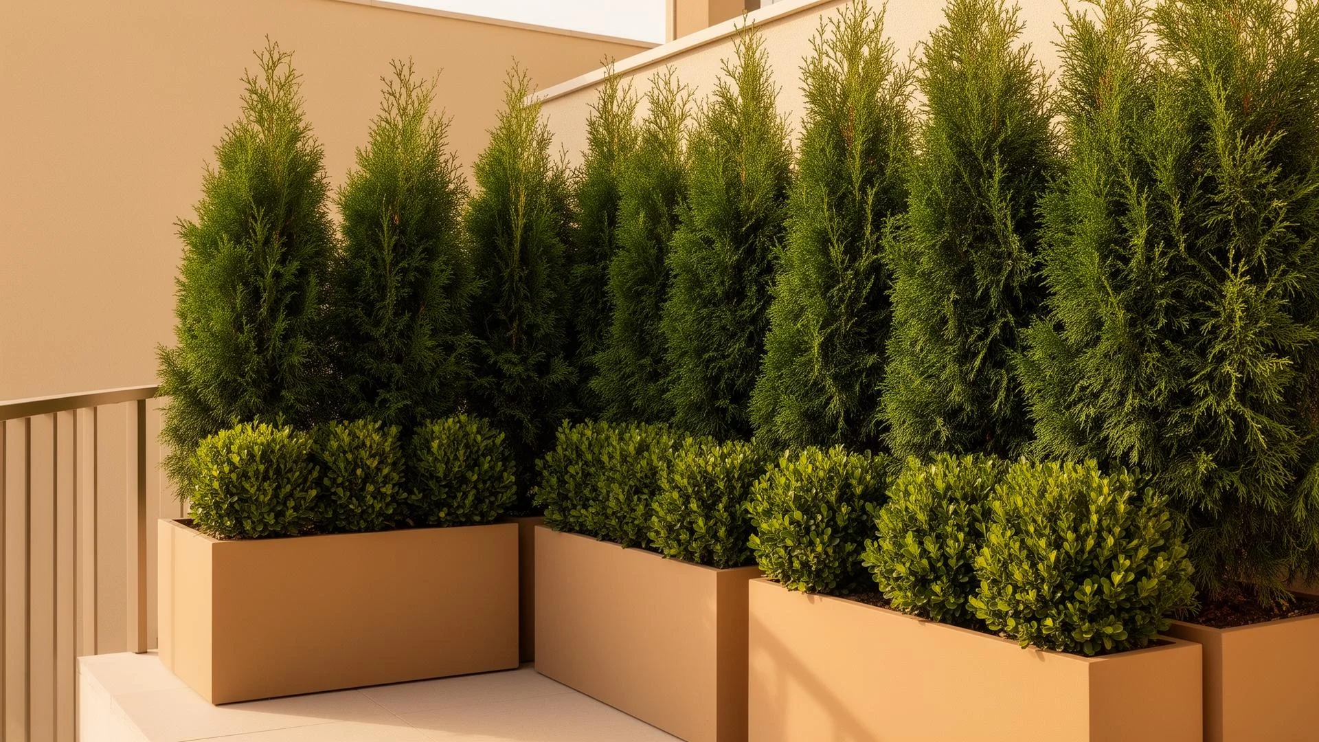 Dichte Thuja-Hecke und Buchsbaum in eleganten Pflanzkästen auf dem Balkon