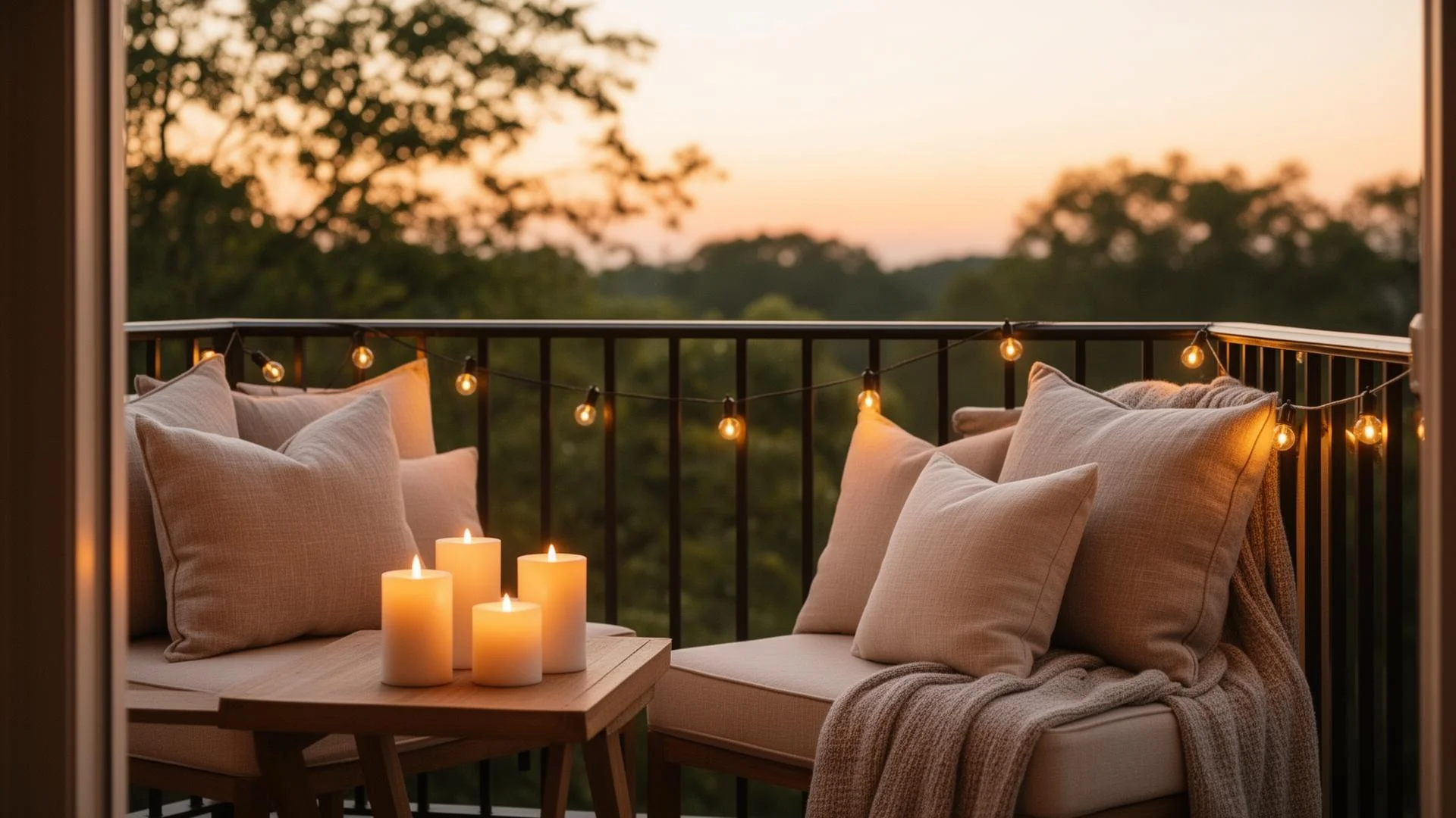 Gemütlicher Balkon am Abend mit Kissen und Kerzen