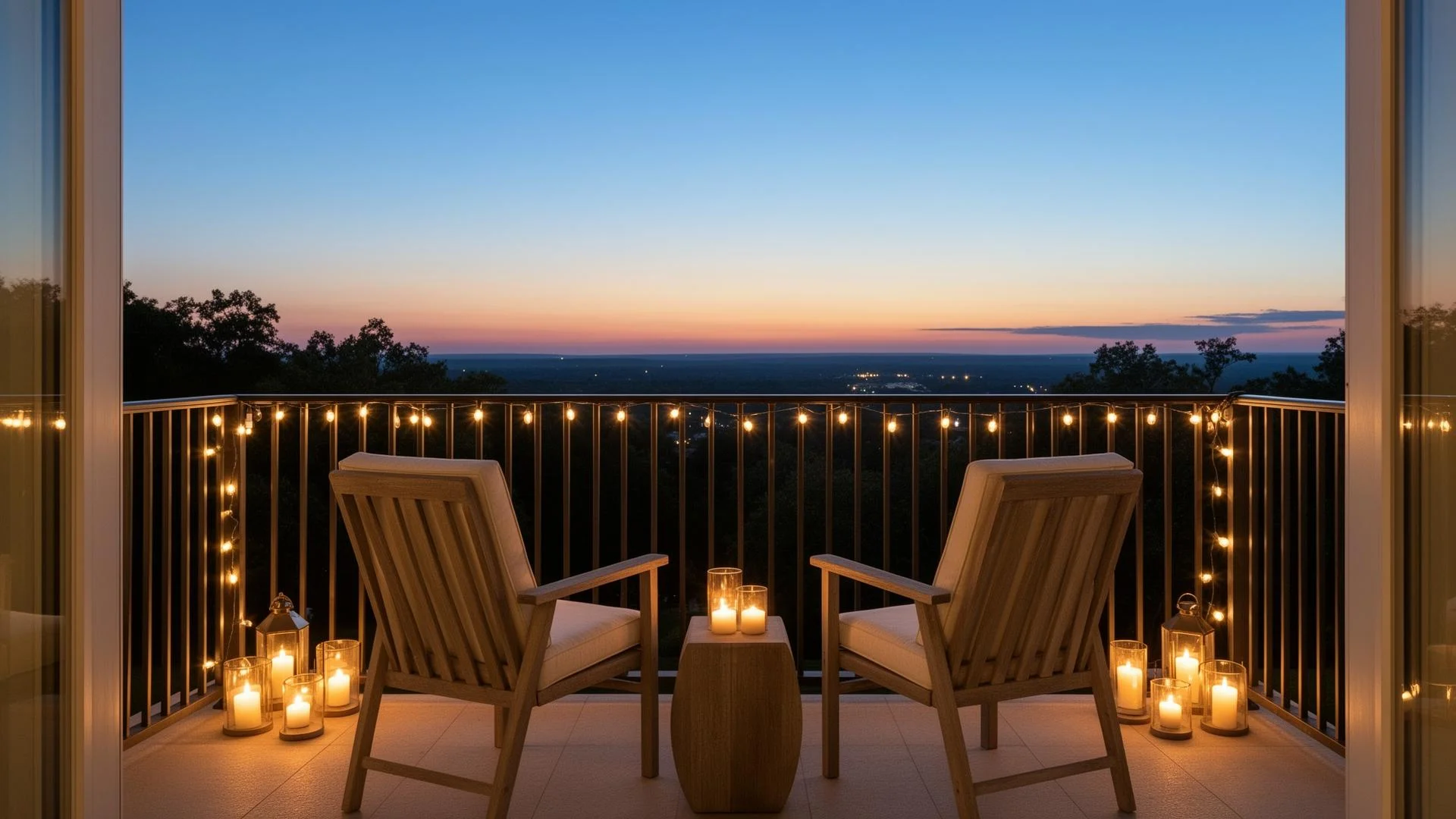 Ruhiger Balkon zur blauen Stunde mit Kerzen und Lichterketten