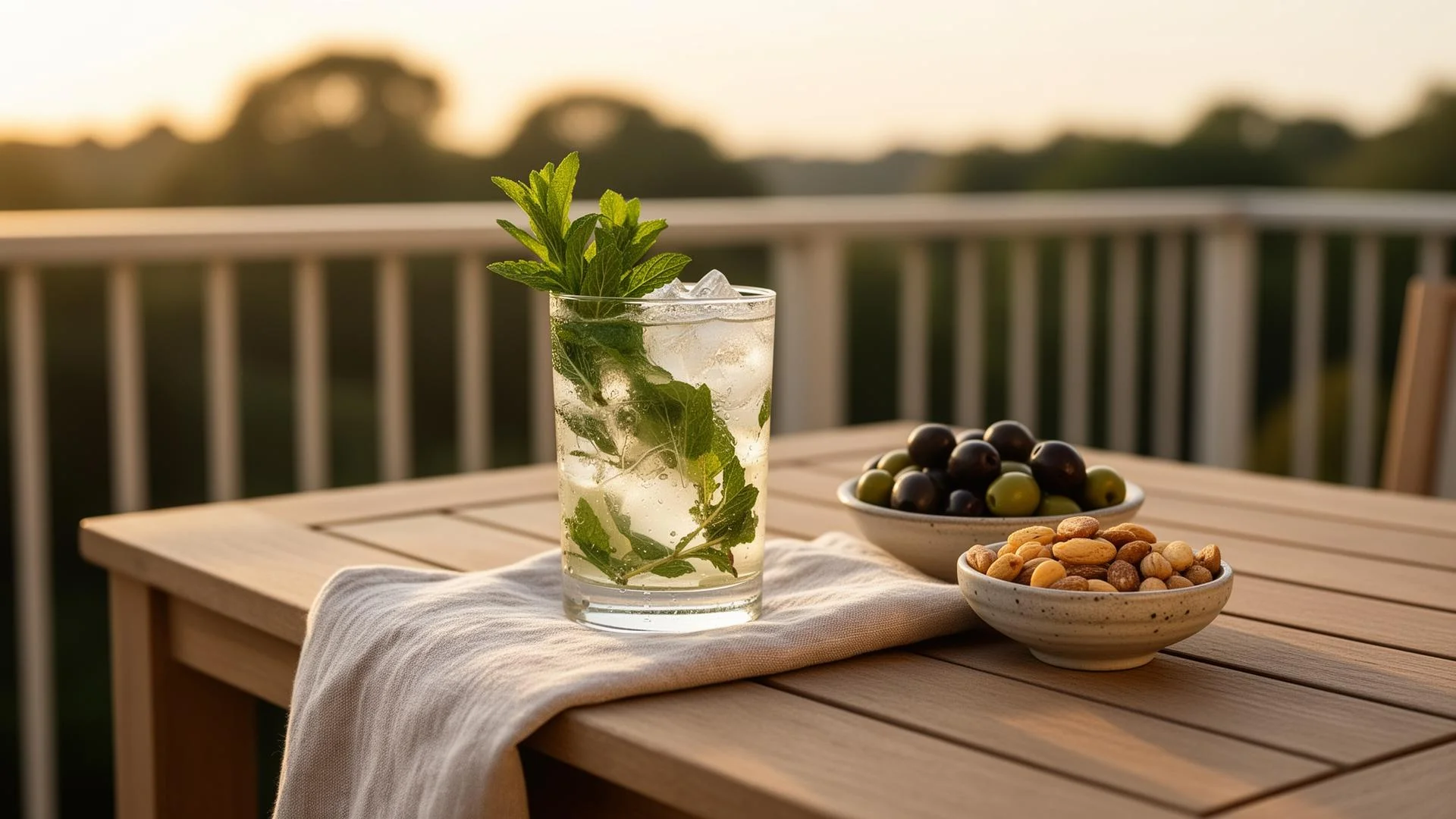 Kaltes Sommergetränk mit frischen Kräutern und kleine Snacks auf dem Balkon