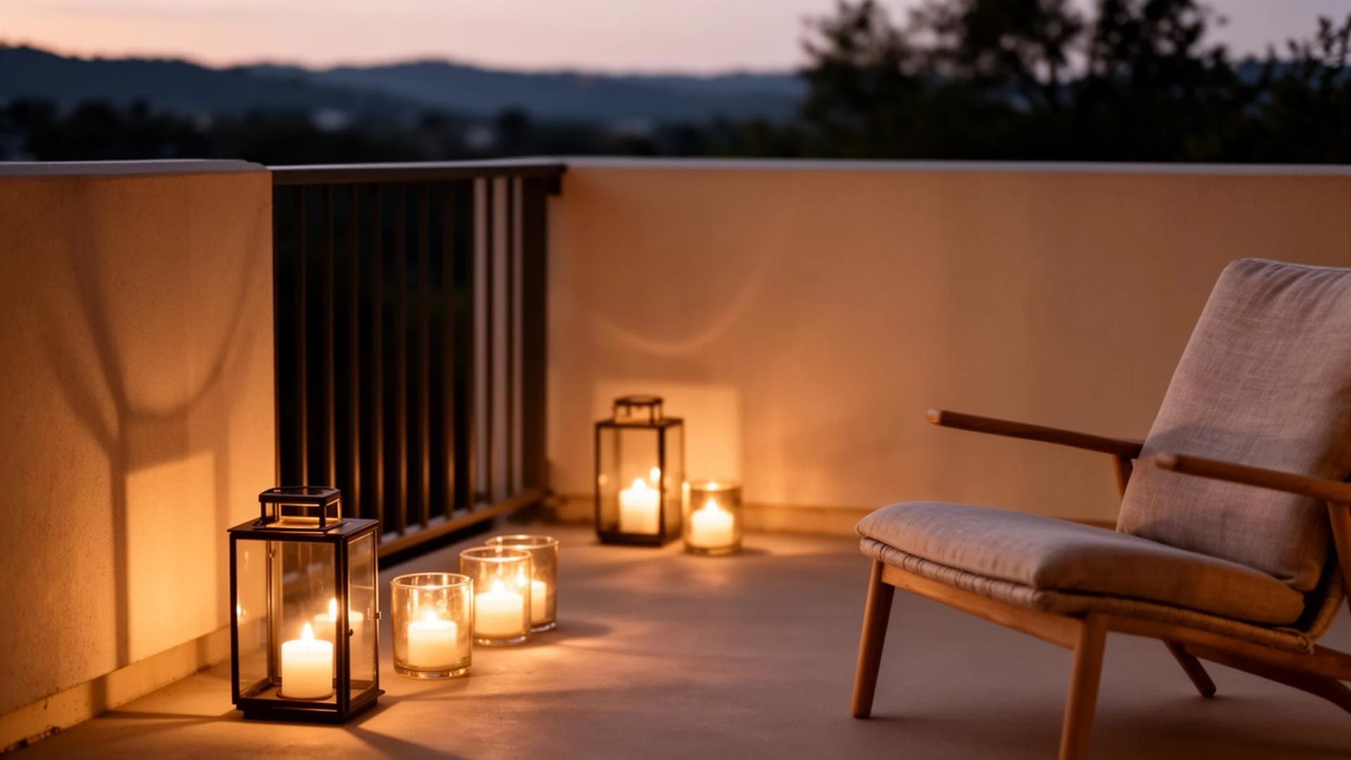 Warmes, indirektes Licht auf dem Balkon mit Laternen und Kerzen