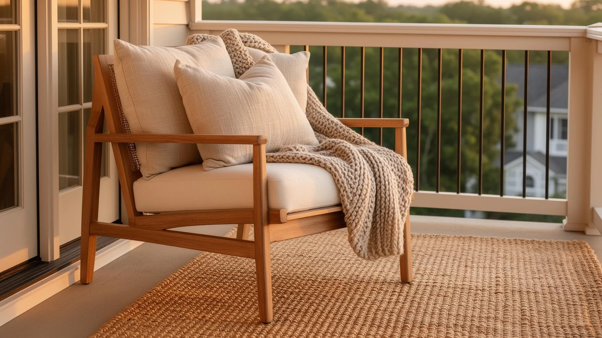 Weiche Kissen, Decke und ein natürlicher Teppich auf dem Balkon