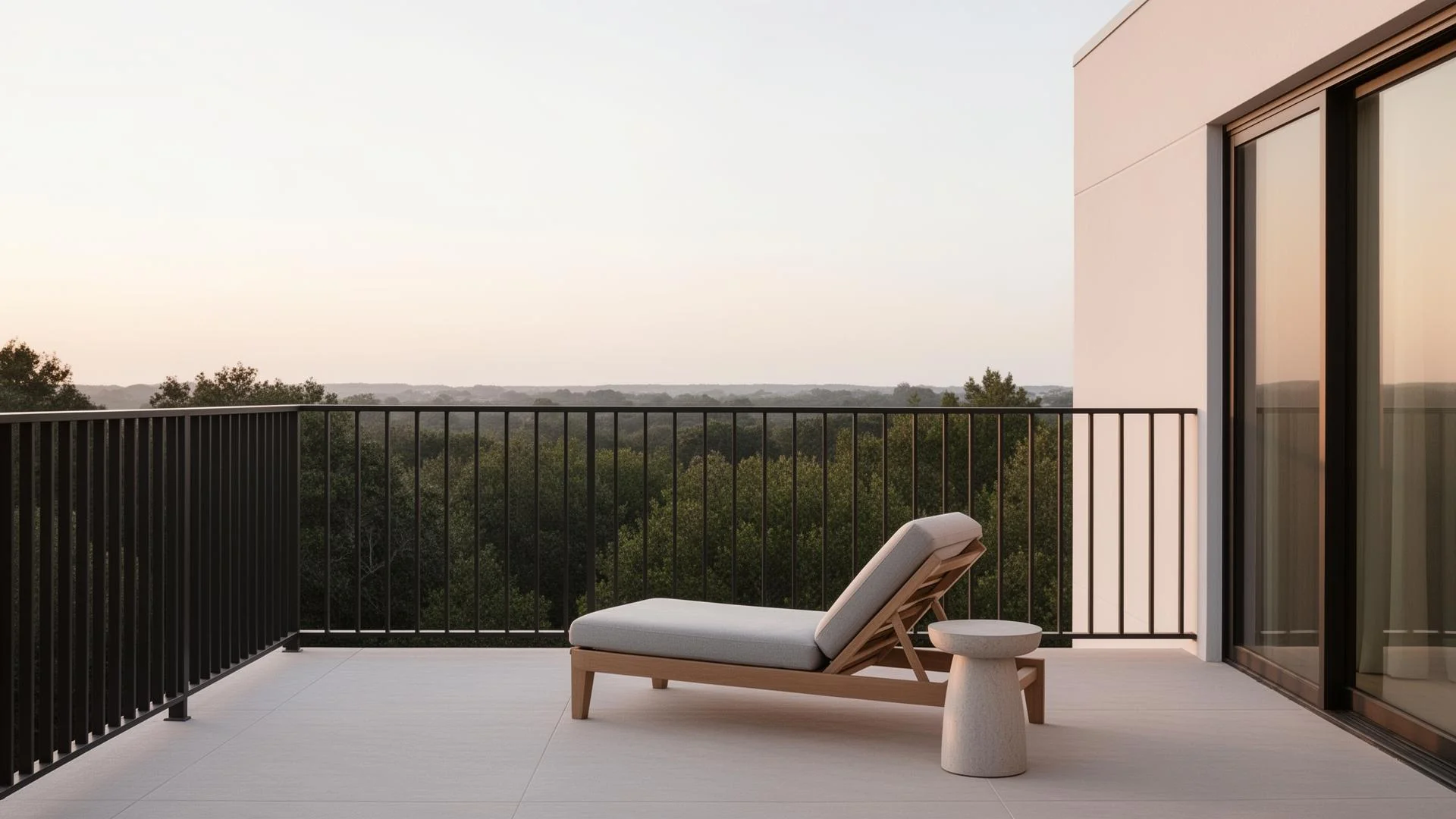 Minimalistisch eingerichteter Balkon mit wenigen, bewussten Elementen