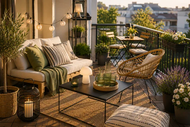 Stilvoll eingerichteter Budget-Balkon im Abendlicht