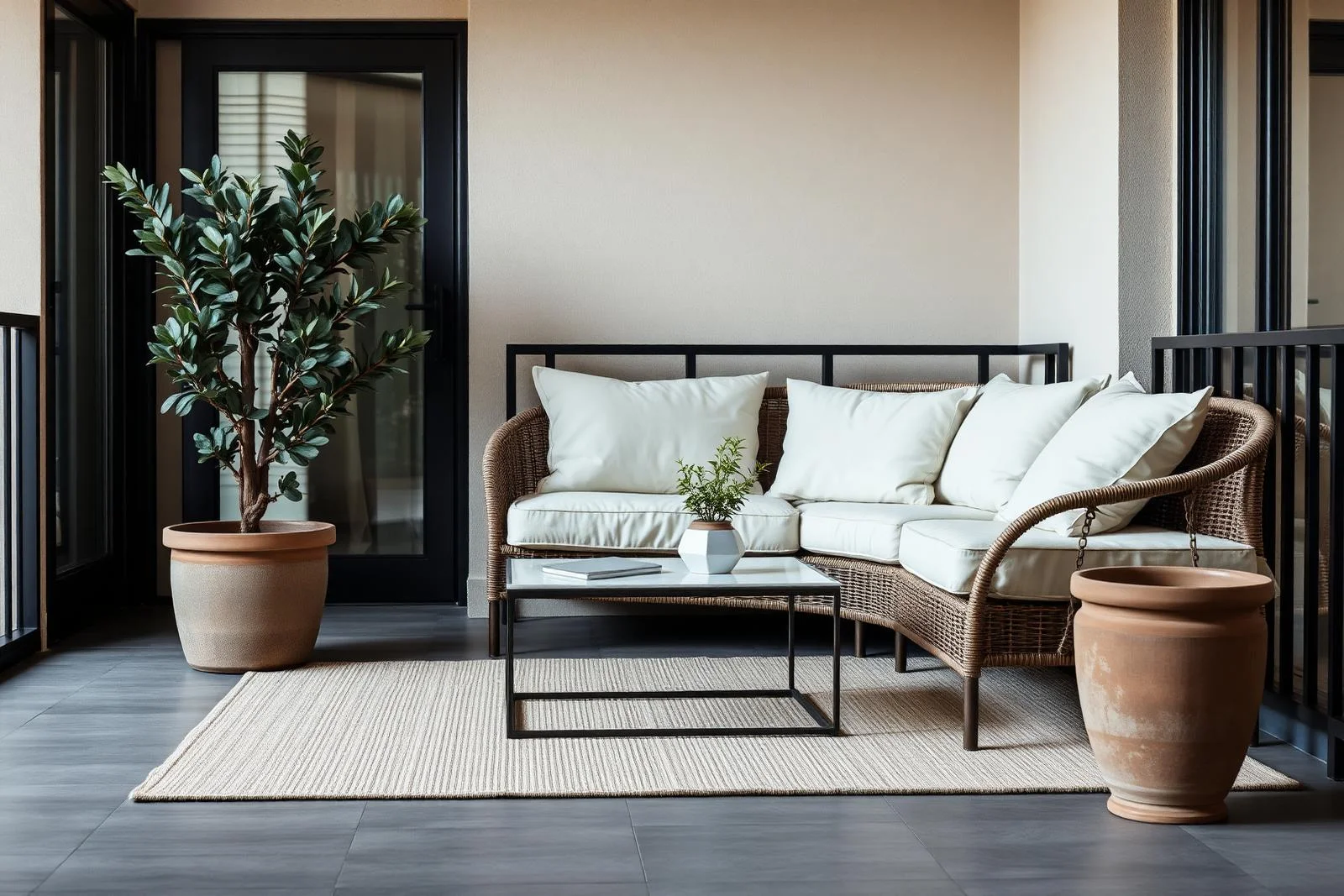 Loungemöbel aus Polyrattan auf dem Balkon